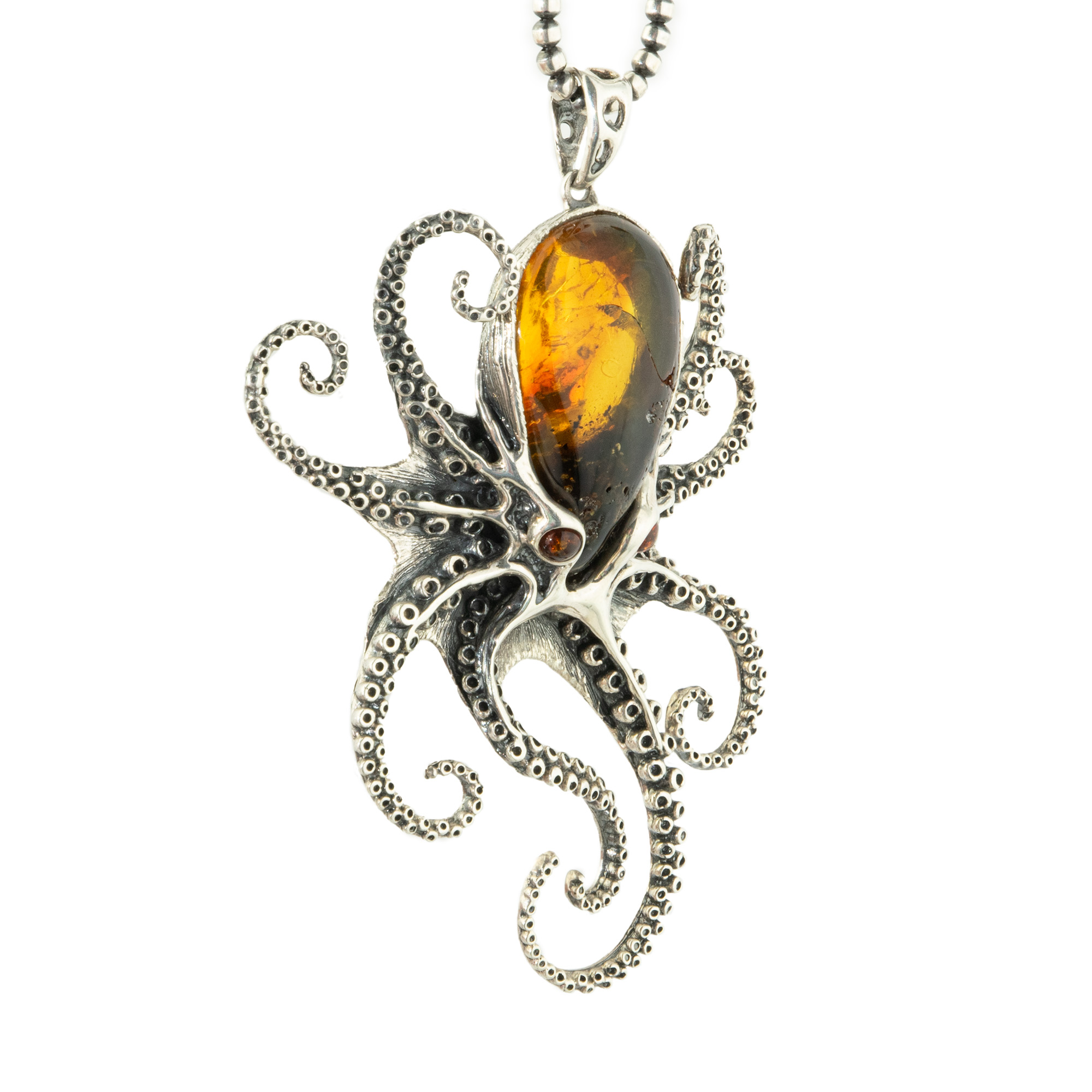Sterling Silver Baltic Amber Octopus Pendant 3